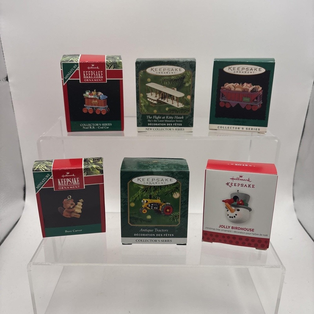 Lot of 6~Hallmark Ornaments~Birdhouse, Tractors, Trains, Planes, Beaver~Miniatur